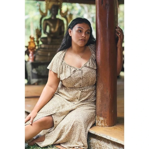 Anthropologie Bolano Leopard Print Romantic Ruffle Shoulder Dress Size 12 Large - Picture 3 of 9